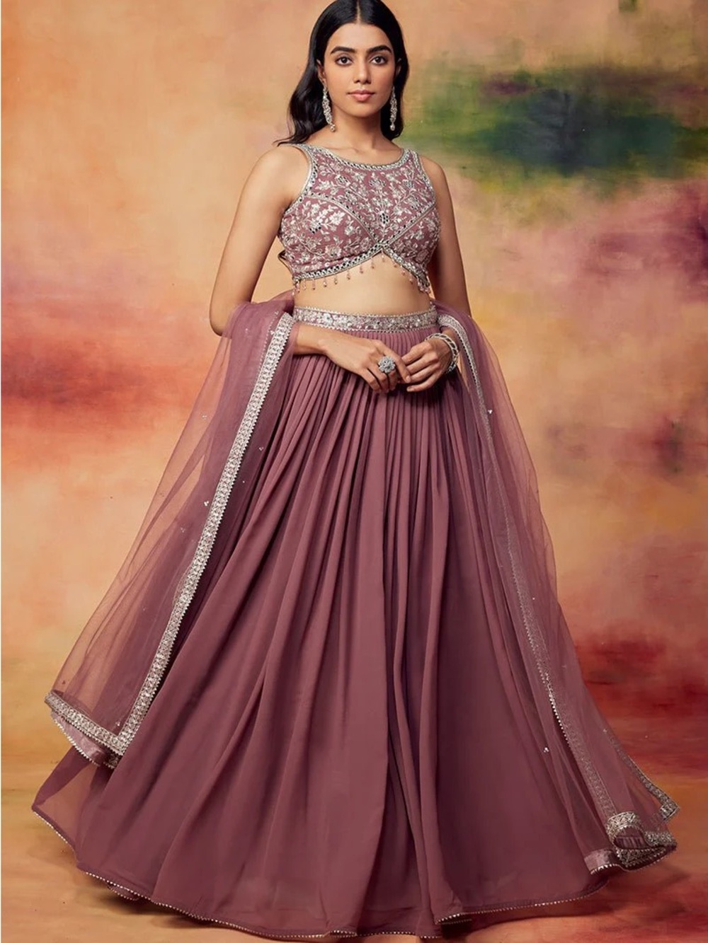 Lashkaraa Mauve Embroidered Georgette Lehenga Size XS Wedding Party